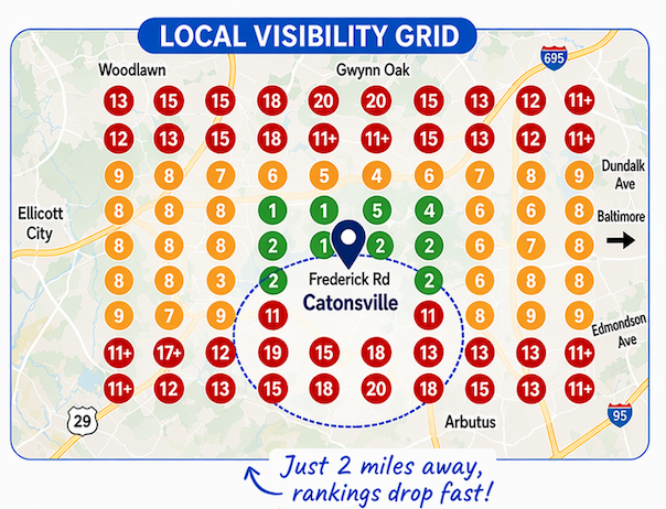 A graphic showing how local businesses can get buried (specific red-zone zoom)